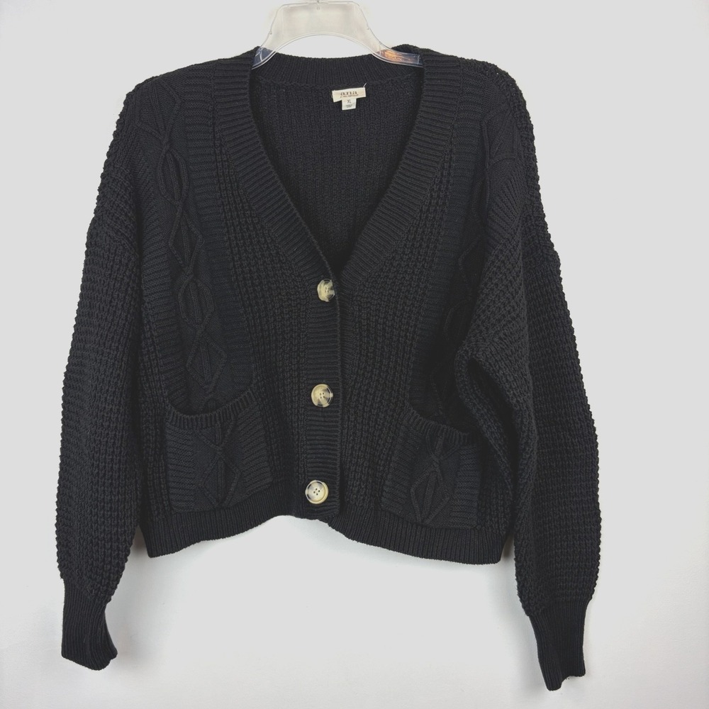 Chunky Cable Knit Cardigan Sweater Womens XL CroppedBlack Cotton Blend Casual